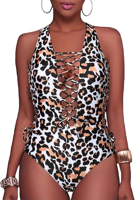 Holipick Women Sexy One Piece Swimsuits Plunge V Neck Bathing Suits Lace up Monokini Strappy Cutout  | Amazon (US)