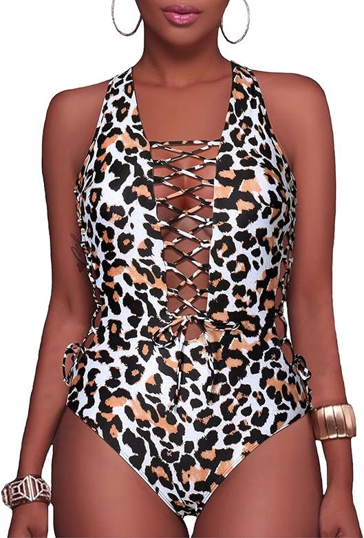 Holipick Women Sexy One Piece Swimsuits Plunge V Neck Bathing Suits Lace up Monokini Strappy Cutout  | Amazon (US)