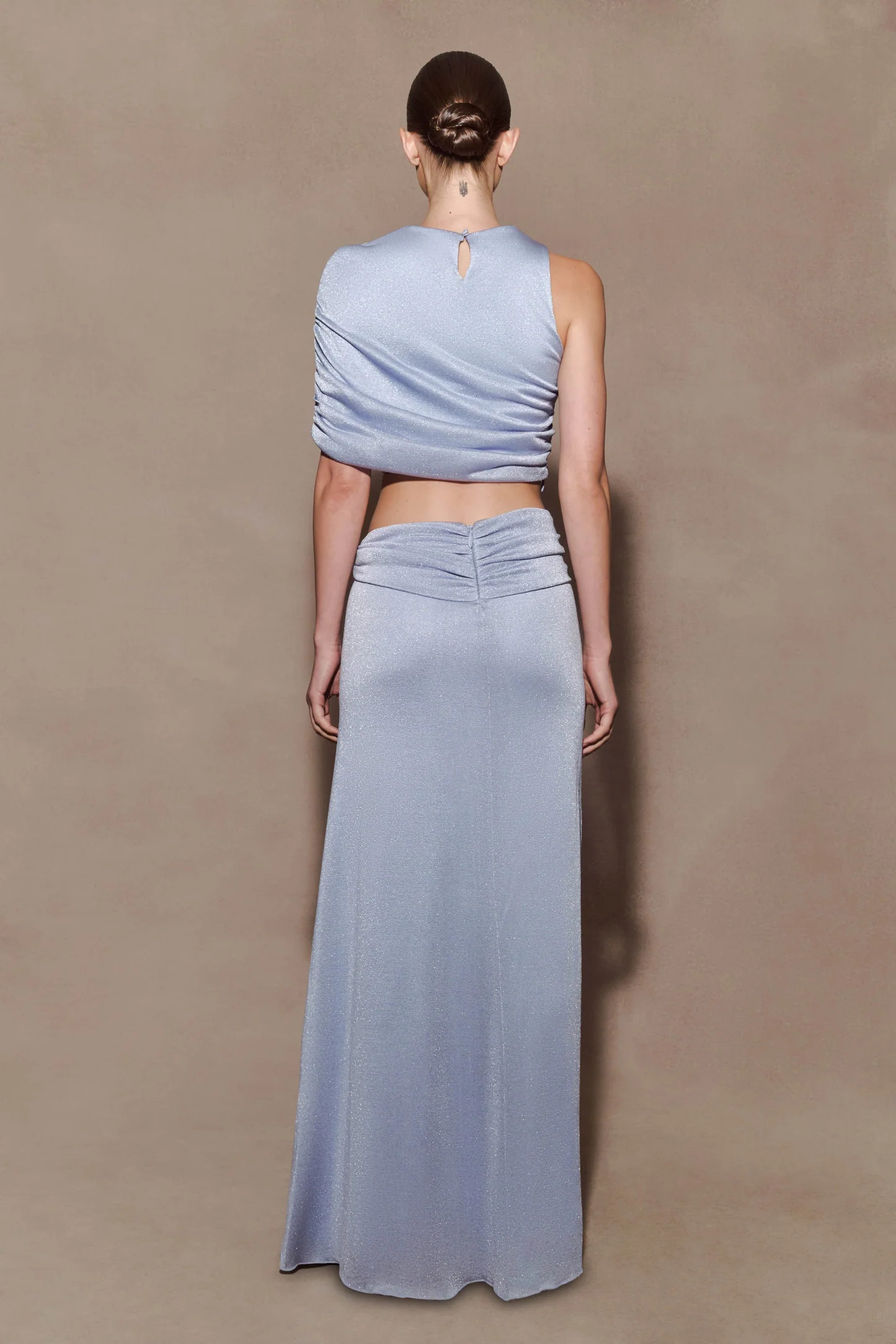 Adrienne Lurex Knot Maxi Skirt - Pastel Blue | Meshki UK