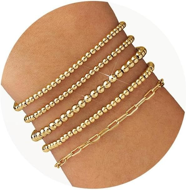 Gold Beaded Bracelet for Women 14K Gold Plated Bracelets Gold Stretch Bead Ball Bracelets Hypoall... | Amazon (US)