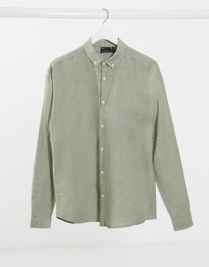 ASOS DESIGN relaxed fit button collar linen shirt in khaki-Green | ASOS (Global)