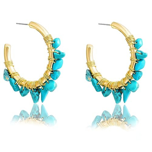 Turquoise Gold Hoop Handmade Earrings - 14k Real Gold Plated Vintage Western Statement Lightweight Chunky Hoop Turquoise Earrings For Women Jewelry | Amazon (US)