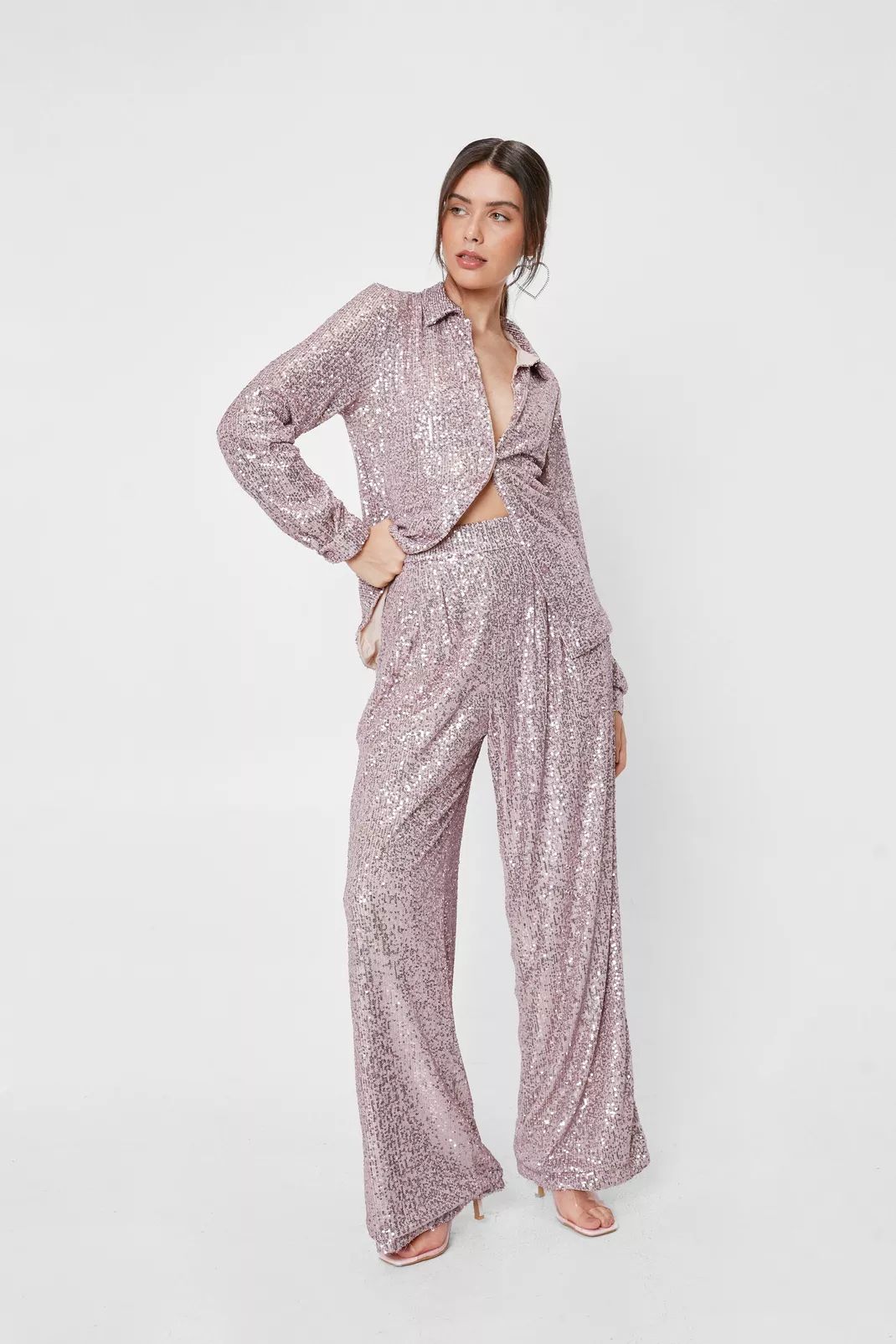Sequin Detail High Waisted Wide Leg Pants | Nasty Gal (US)