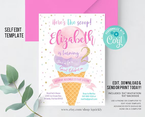 Editable Ice Cream Birthday Invitation First Birthday Party | Etsy | Etsy (US)