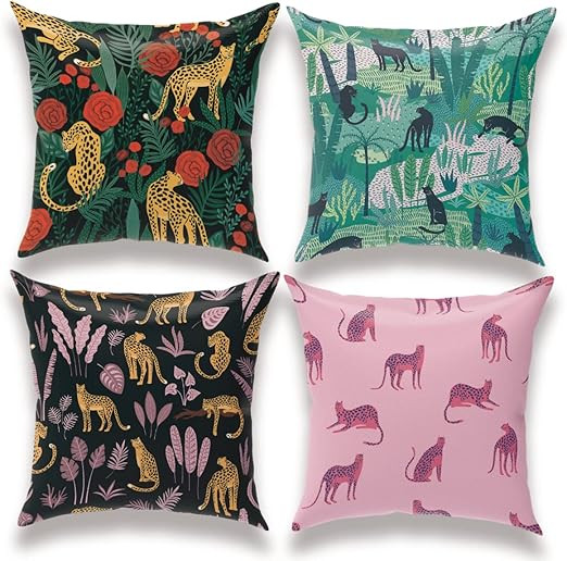 Leopard Cheetah Print Throw Pillow Covers, Pillow Covers 18x18, Set of 4 Jungle Animals Palm Leav... | Amazon (US)