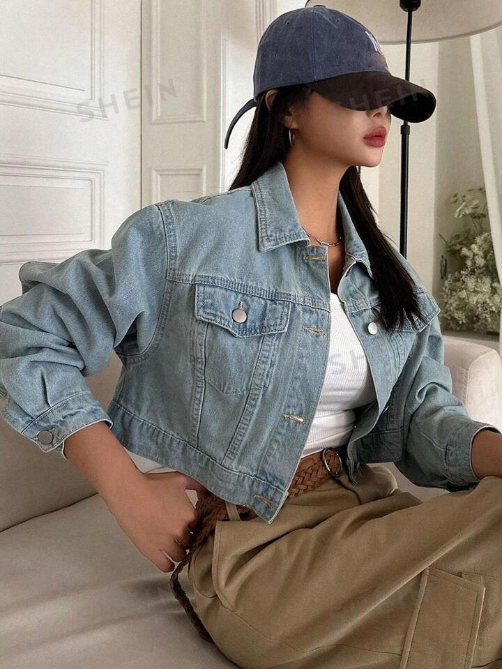 DAZY Flap Pocket Drop Shoulder Crop Denim Jacket | SHEIN