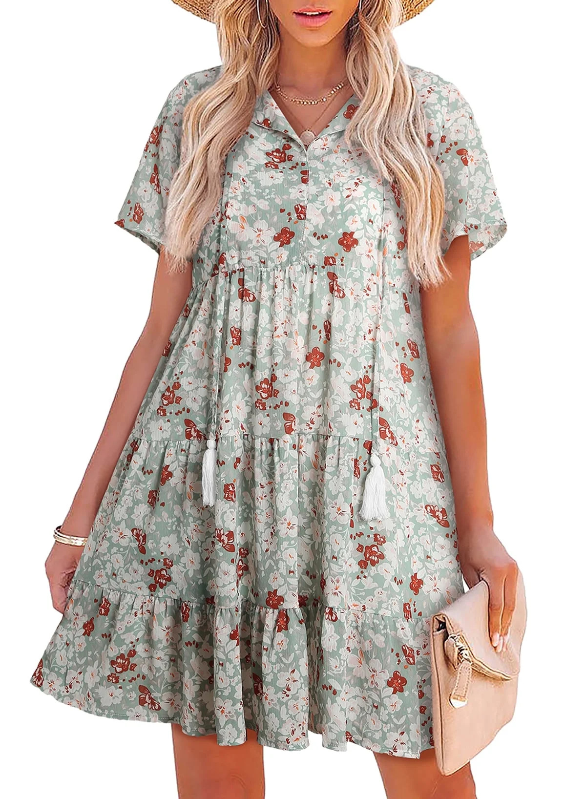 Dokotoo Mini Dresses for Women Summer Dresses Short Sleeve Ruffle Layered Mini Dress Fashion V Ne... | Walmart (US)