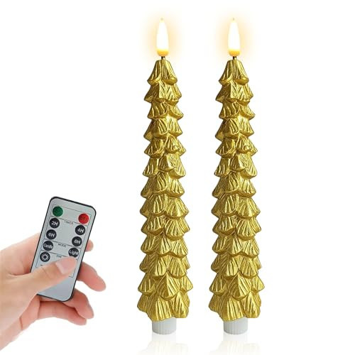 Gedengni Christmas Tree Flameless Taper Candles -10inches Timer Flickering Remote Candlesticks Battery Operated Candles Honeycomb LED Taper Candles Lights for Home Party Windows Decorations,Gold | Amazon (US)