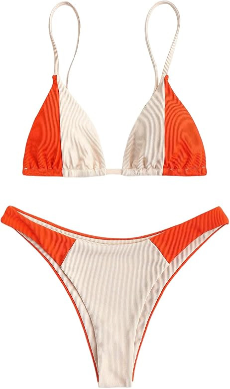 ZAFUL Women's Ribbed Triangle Bikini Set Colorblock Cheeky Bikini Smocked Swimwear Brazilian Swim... | Amazon (US)