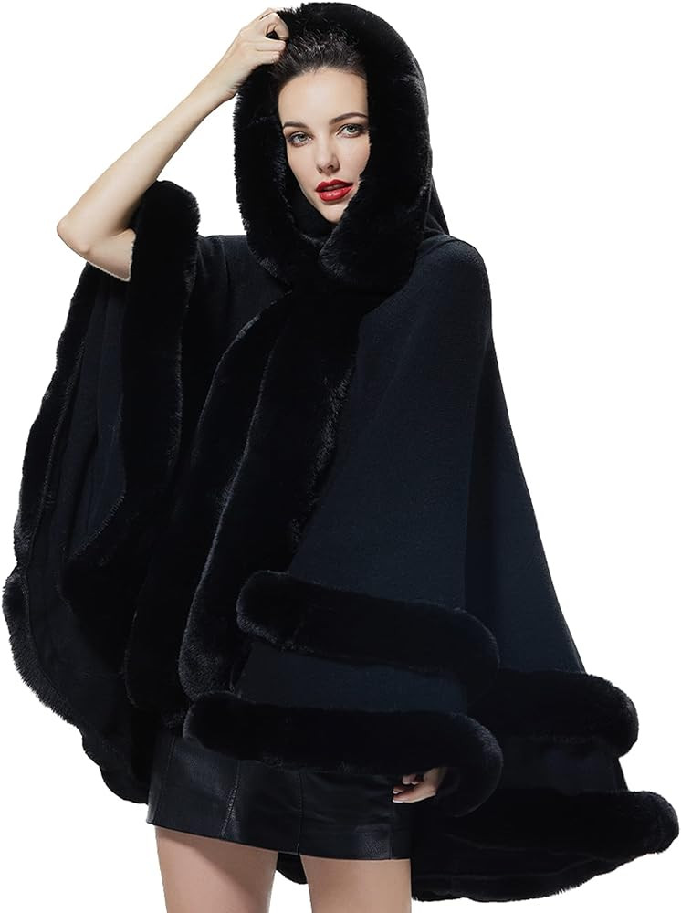 Women Hooded Poncho Cape Faux Fur Shawl Wrap with Fur Trim Sleeveless Cardigan Dressy Cloak Fashi... | Amazon (US)