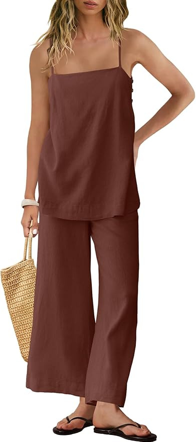 Panadila 2 Piece Linen Set Summer Travel Beach Vacation Outfit Sexy Spaghetti Strap Tank Top and ... | Amazon (US)