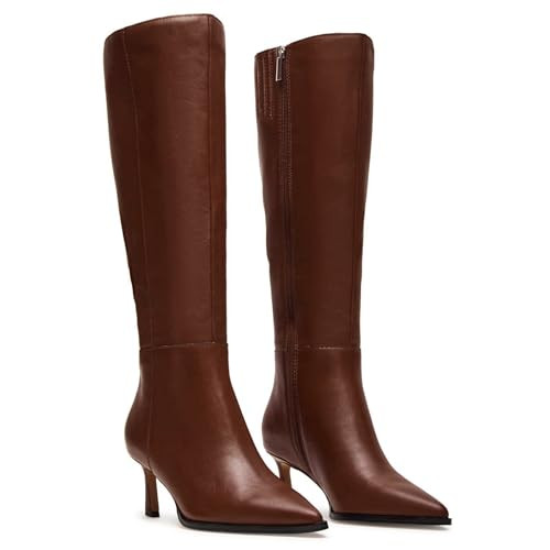 RJYLP Brown Knee High Boots for Women Kitten Low Heel Tall Leather Boots Side Zipper Stiletto Pointed Toe Heeled Gogo Fall Dress Boot Chocolate Coffee | Amazon (US)