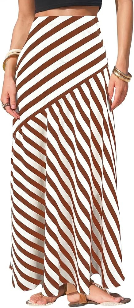 EXLURA Women's Boho Striped Maxi Skirt High Waisted A-Line Summer Beach Long Skirts with Lining C... | Amazon (US)