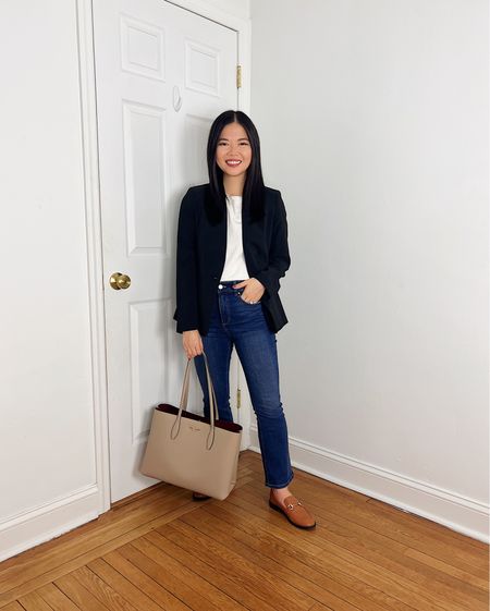 Black blazer (2P)
White sweater (XS)
High waisted jeans (4P)
Brown loafers (TTS)
Taupe tote bag 
Kate Spade tote bag
Smart casual outfit
Fall work outfit
Fall outfit
Ann Taylor outfit
Teacher outfit

#LTKsalealert #LTKworkwear #LTKCyberWeek