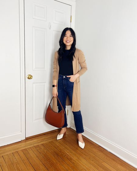 Light brown cardigan (XS)
Black mock neck top (XS/S)
High waisted boot cut jeans (4P)
Brown bag
White pumps
Smart casual outfit
Neutral outfit
Mom outfit
Spring outfit
Ann Taylor outfit

#LTKfindsunder50 #LTKworkwear #LTKstyletip