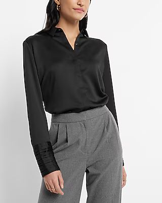 Textured Strong Shoulder Pleated Cuff Portofino Shirt | Express