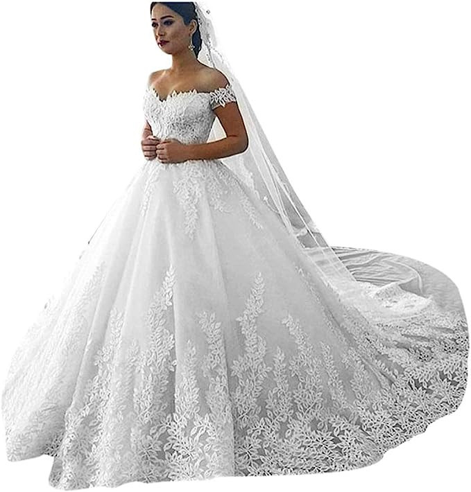 ASG Gorgeous Off Shoulder Lace Wedding Dresses for Bride 2022 Ball Gown Plus Size Court Train For... | Amazon (US)