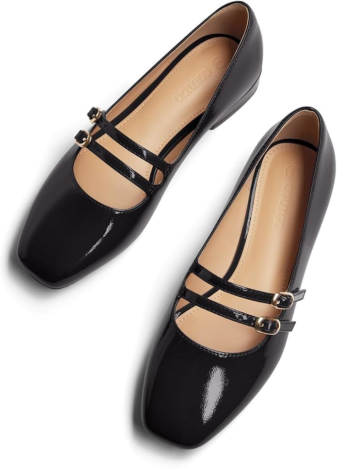 Coutgo Women's Mary Jane Flats Square Toe Ballet Flats Double Strap Slip On Dressy Shoes for Work... | Amazon (US)