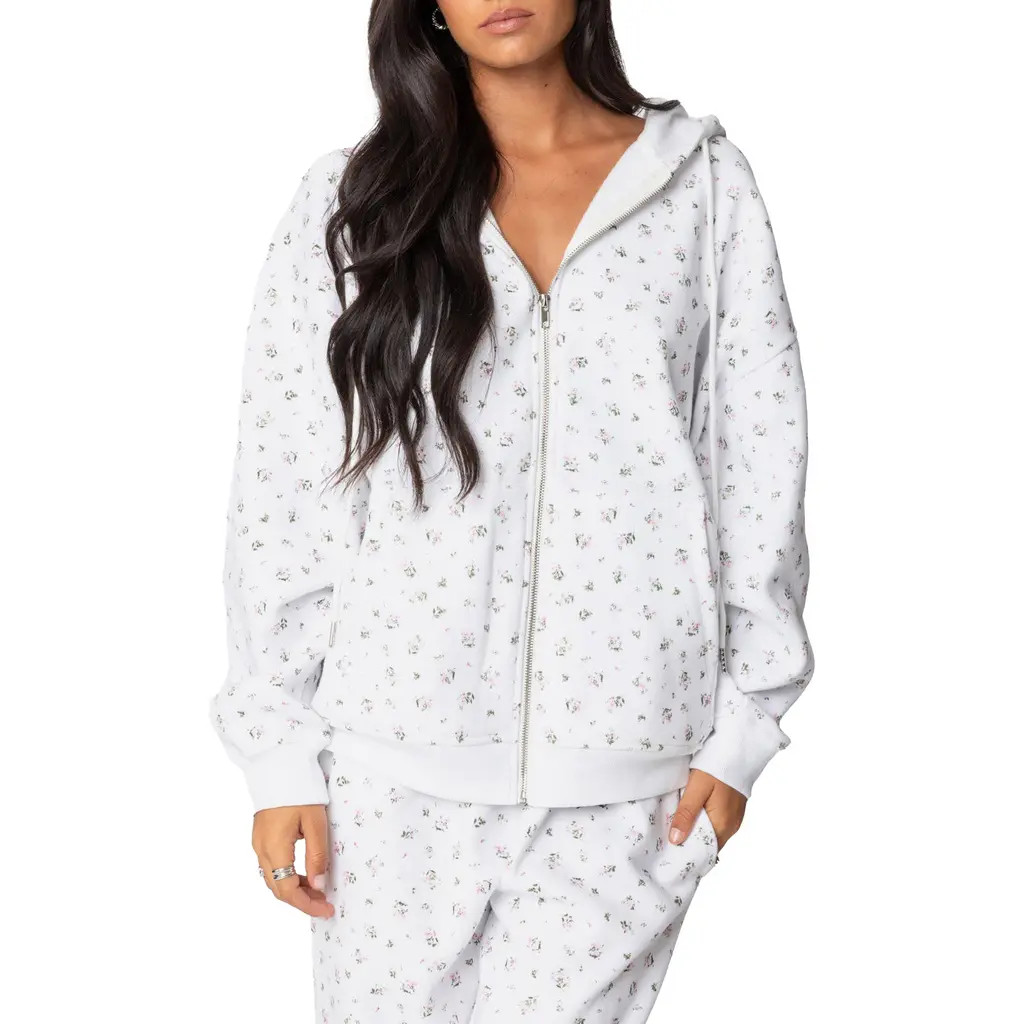 EDIKTED Bouquet Oversize Front Zip Cotton Blend Hoodie in Cream at Nordstrom, Size X-Small | Nordstrom