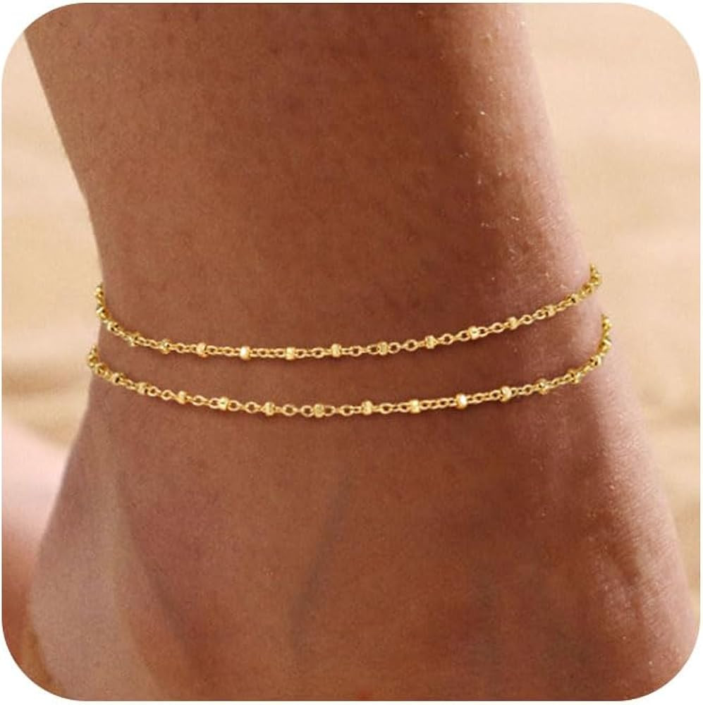 Ankle Bracelets for Women 14K Real Gold Silver Plated Ankle Bracelets Waterproof Heart Beads Rope... | Amazon (US)