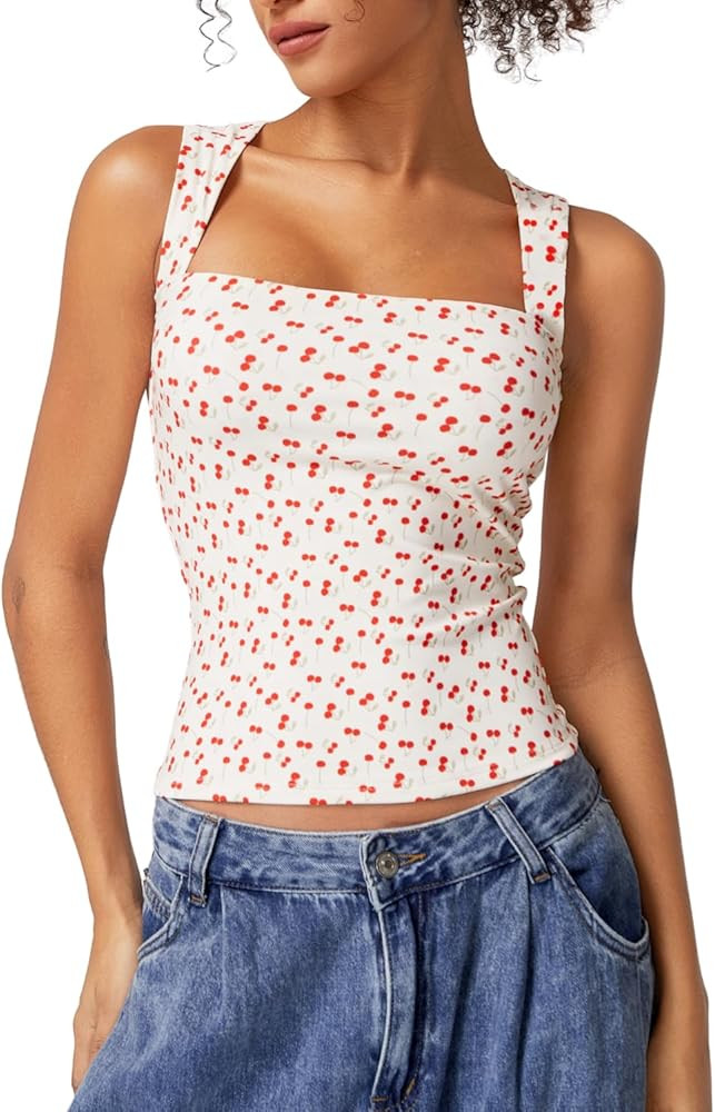 QINSEN Women's Double Layer Tank Tops Square Neck Sleeveless Basic Tight T Shirts | Amazon (US)