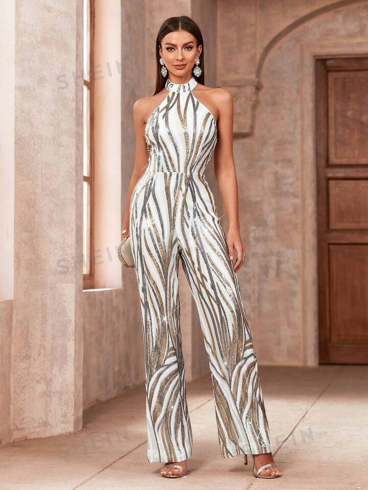 SHEIN Belle Women's Shiny Sequin Zebra Print Halter Neck Jumpsuit | SHEIN