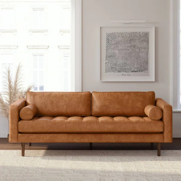 Fatushe 89'' Top Genuine Leather Sofa Couch, Mid-Century Modern 3-Seater Sofa for Living Room | Wayfair North America