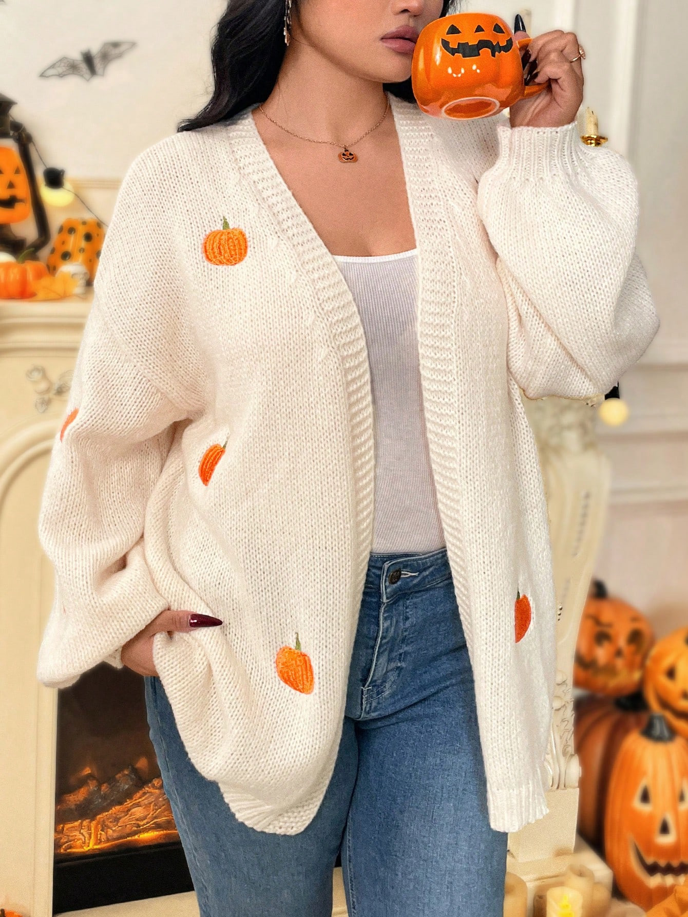 PUNK Plus Size Pumpkin Print Long Sleeve Casual Fall Cardigan | SHEIN USA | SHEIN