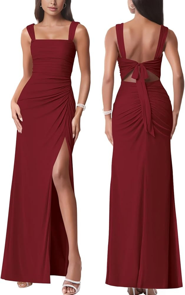 Women Sexy Mesh Tie Low Back Sleeveless Split Ruched Maxi Dress Party Cocktail Long Dress Wedding... | Amazon (US)