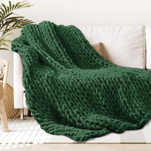 Touchat Chunky Knit Blanket Throw, 50''*60'' Green Crochet Chenille Blanket, Handmade Cozy Forest Green Cable Knit Blanket Boho Bedroom Decor, Soft Fluffy Knot Blanket for Couch Bed | Amazon (US)