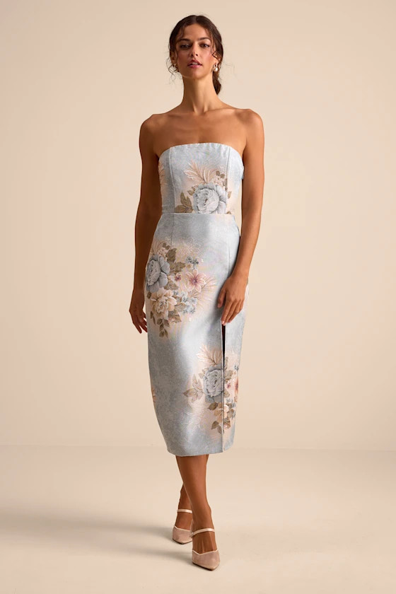 Hargrove Light Blue Floral Jacquard Strapless Midi Dress | Lulus