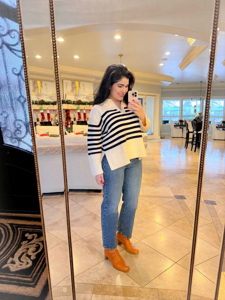 Love this striped polo sweater. Favorite affordable jeans. Levi’s jeans, striped sweater, Hermes boots, winter looks, winter outfit, winter fashion 

#LTKGiftGuide #LTKsalealert #LTKHoliday
