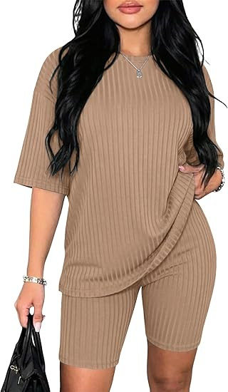 Ekouaer Pajamas 2 Piece Lounge Sets Ribbed Knit Matching Outfits T-shirt Biker Shorts Sleepwear L... | Amazon (US)