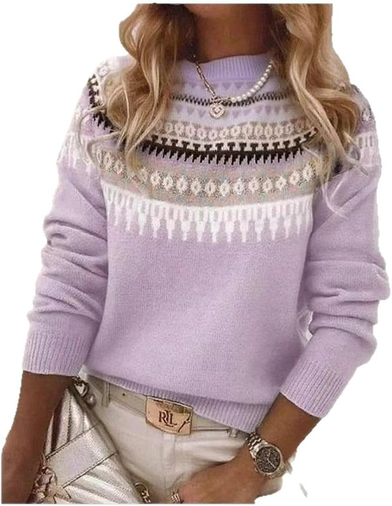 Women's Fair Isle Sweater Casual Vintage Crew Neck Knitted Sweater Cute Graphic Fall Fashion Pull... | Amazon (US)