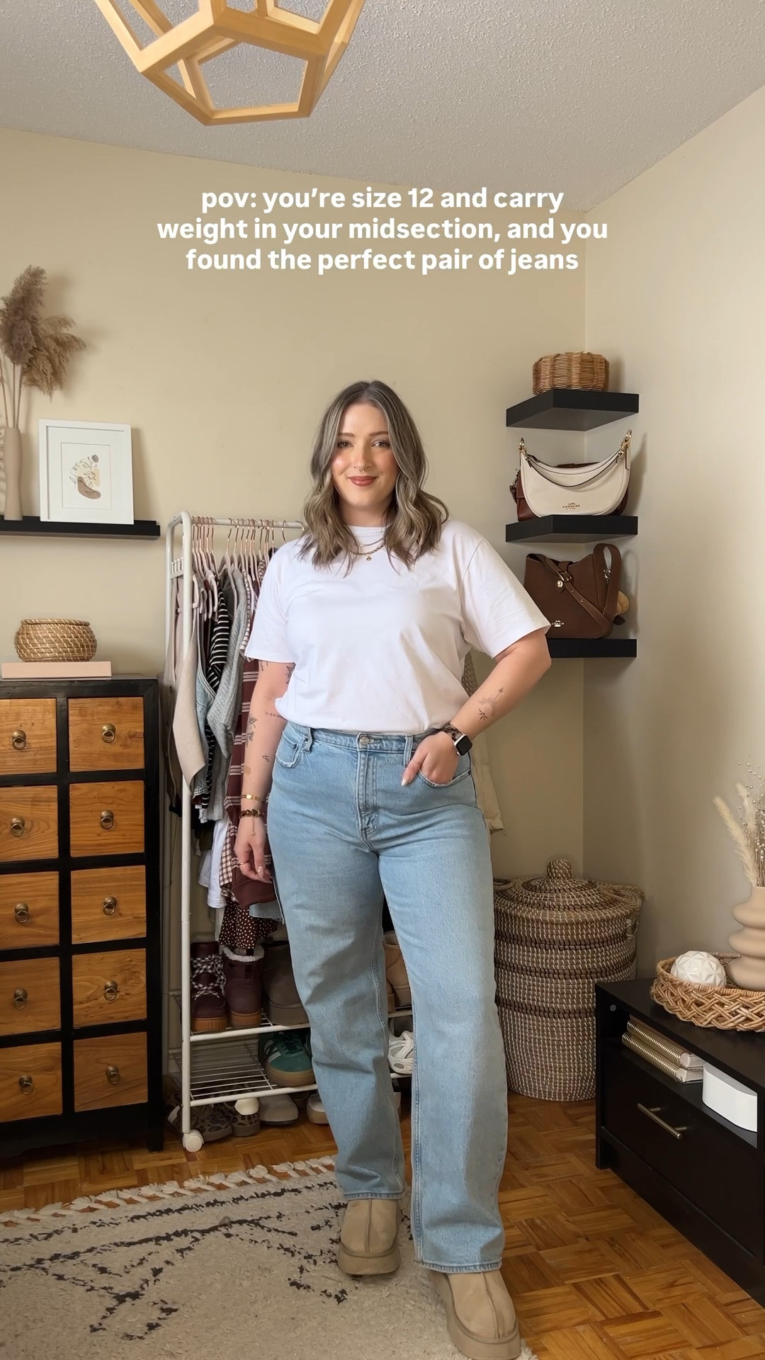 My all time fave jeans from Abercrombie BOGO 50% off! Wearing 32, I probably could do a 31, but I prefer a looser fit! I’m 5’8 with shorter legs and a long torso, so I get regular length. They are comfy, flattering, and have the perfect amount of stretch! This white cotton tee is not see through and the high neck makes it perfect for layering, wearing my usual size L. Ugg tazz fit TTS, wearing 10

#LTKjeans #LTKsale #LTKmidsize