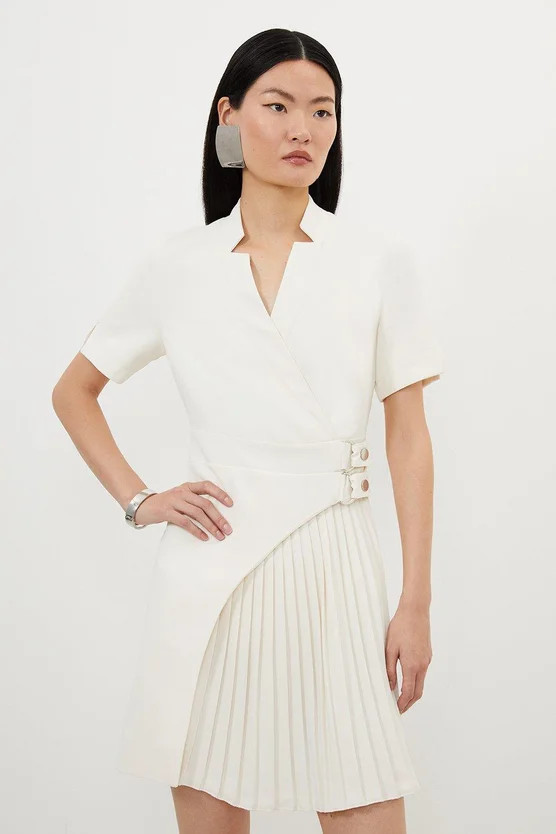 Tailored Military Pleat Notch Neck Wrap Mini Dress | Karen Millen US