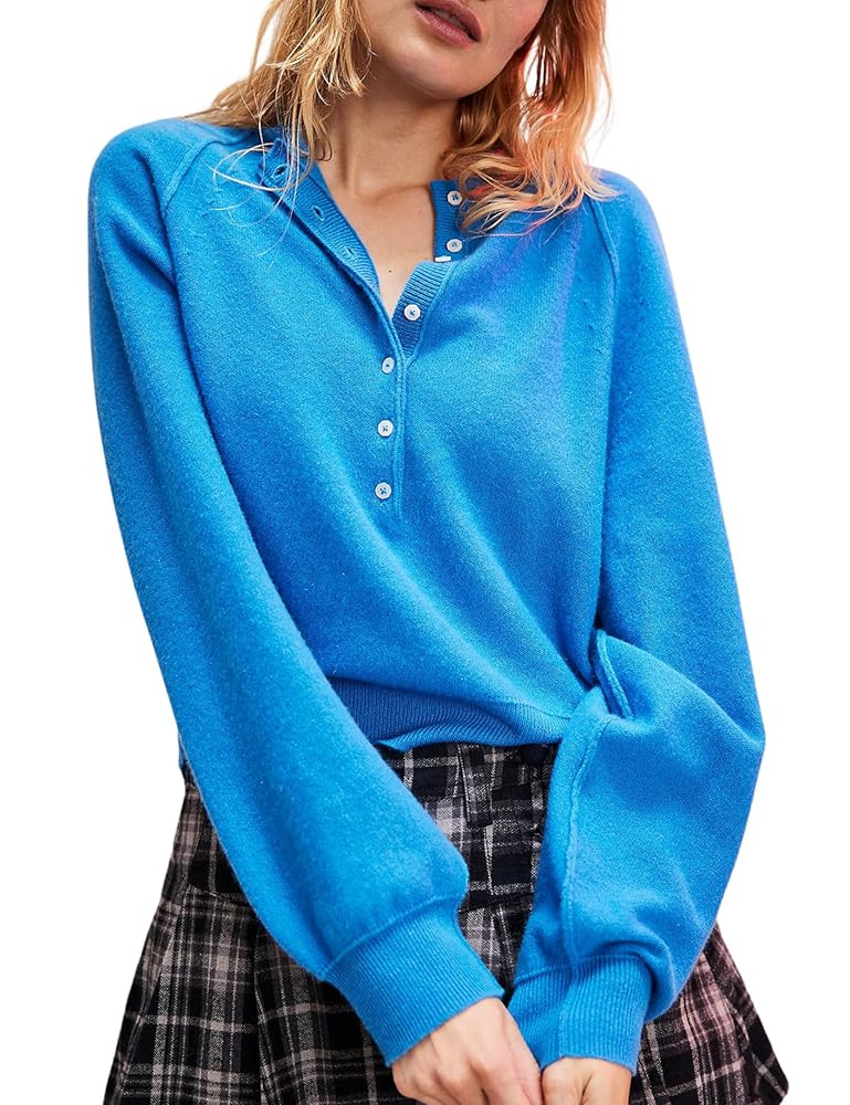 Esmeling Women Casual Button Front Sweater Henley Neck Long Sleeve Knitwear Solid Cropped Pullove... | Amazon (US)