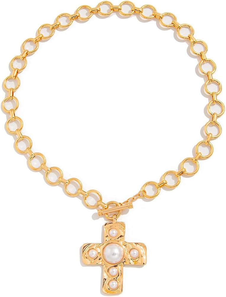 Pearl Cross Necklace for Women Chunky Gold Cross Necklace Layered Cross Pearl Stacked Choker Neck... | Amazon (US)