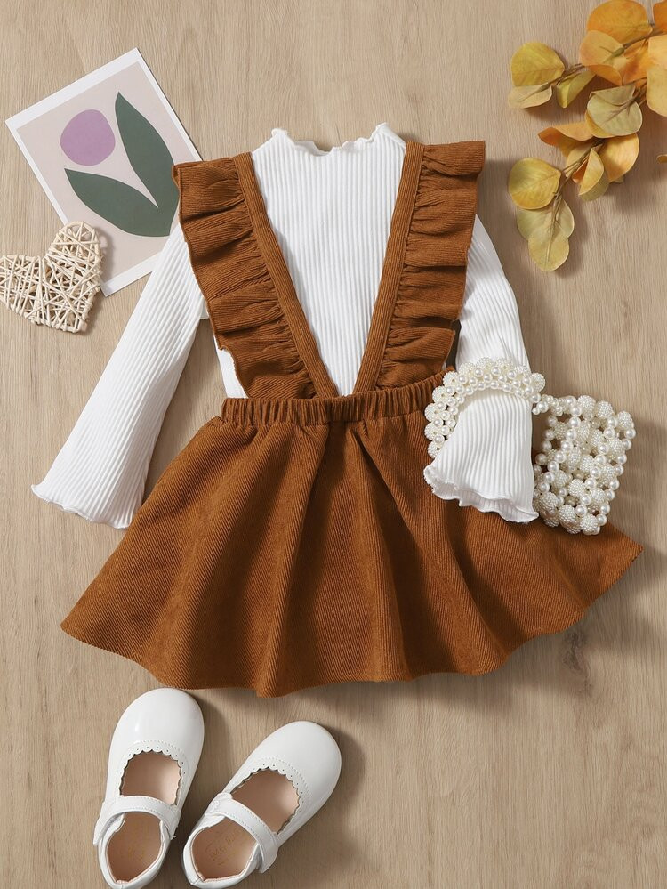 SHEIN Baby Lettuce Trim Tee & Ruffle Trim Suspender Skirt | SHEIN