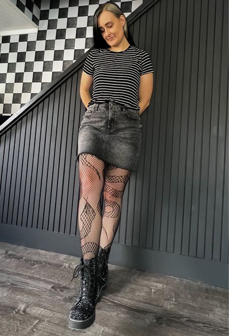 I’m obsessed with these snake fishnet tights! And it’s finally warm enough to start wearing them! 🤩✨ alternative fashion, alternative style, grunge, soft goth, soft grunge 

Black denim skirt, combat boots

#LTKstyletip