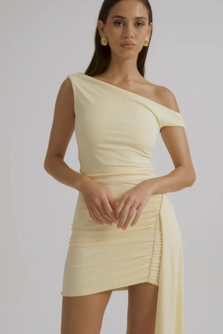 Kiera Slinky Off Shoulder Mini Dress - Lemon | MESHKI US