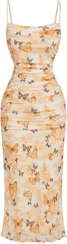 Verdusa Women's Butterfly Bodycon Midi Dress Ruched Backless Cami Long Dresses | Amazon (US)