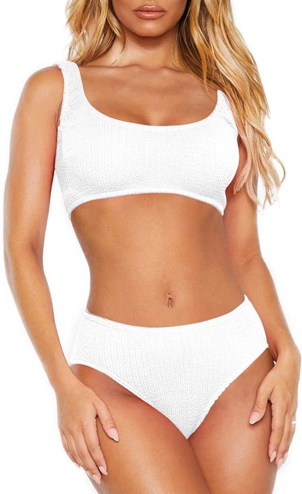 Womens Swimsuits Two Piece Sports Bathing Suits Crop Tops Ribbed Bikini Sets Swimwear Bottoms | Amazon (US)