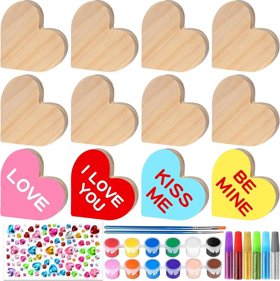 Valentine's Day DIY Painting Kit, 12 Pcs Unfinished Wooden Hearts with 12 Color Paints and Brush,... | Amazon (US)
