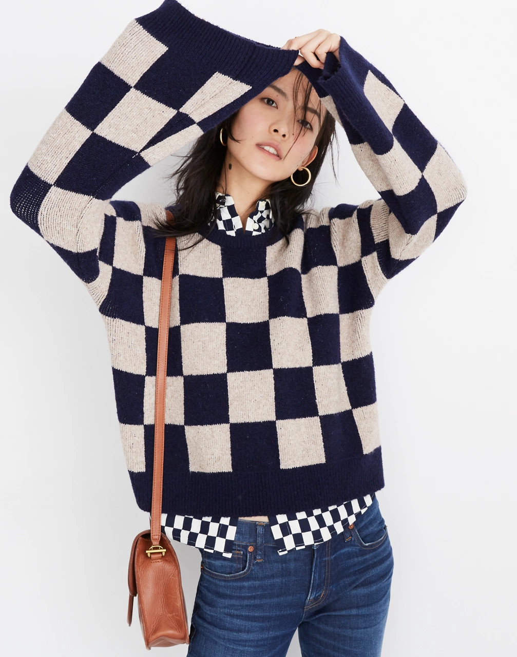 Cardiff Checkerboard Crewneck Sweater in Coziest Yarn | Madewell