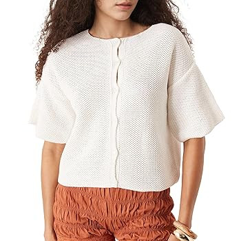 Ainangua Womens Casual Cardigan Summer Short Sleeve Crew Neck Button Down Knit Sweater Tops Light... | Amazon (US)