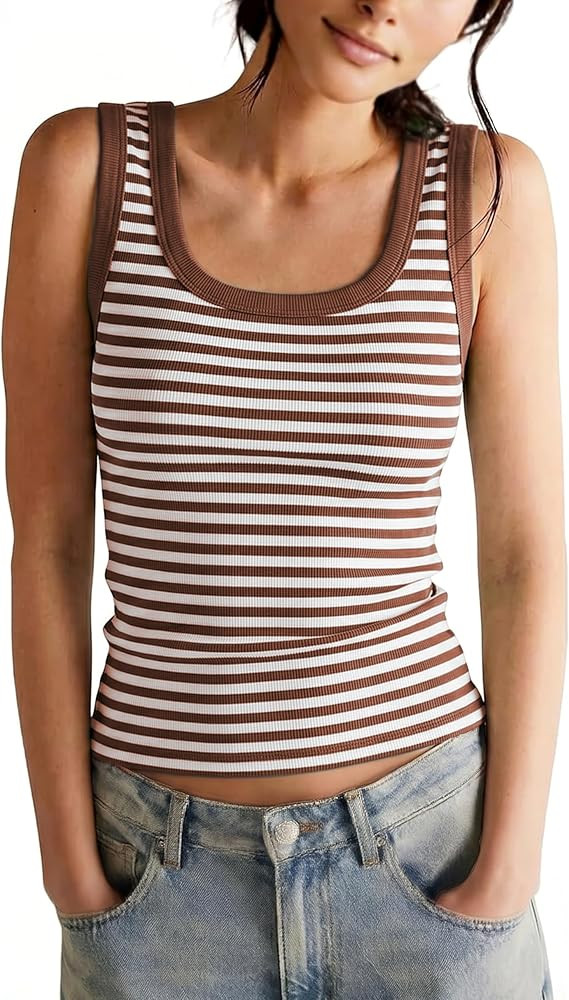 Springrain Women's Striped Ribbed Knit Tank Tops Sleeveless Scoop Neck Slim Fitted Cami Tee Shirt... | Amazon (US)