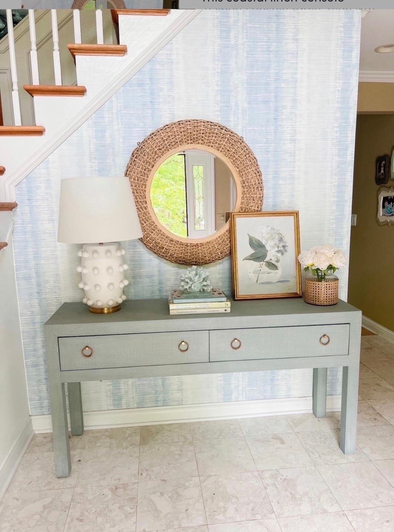 This coastal linen console table paired with blue wallpaper creates a classic coastal entryway look that feels timeless and elevated. I love how the soft texture and layered blues make the space feel bright and pulled together.

#LTKHome #LTKSaleAlert #LTKvlog