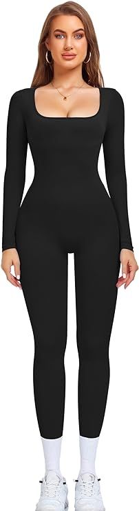OLCHEE Womens Long Sleeve Workout Jumpsuit Square Neck Ribbed Seamless Yoga Romper Sexy Bodycon T... | Amazon (US)