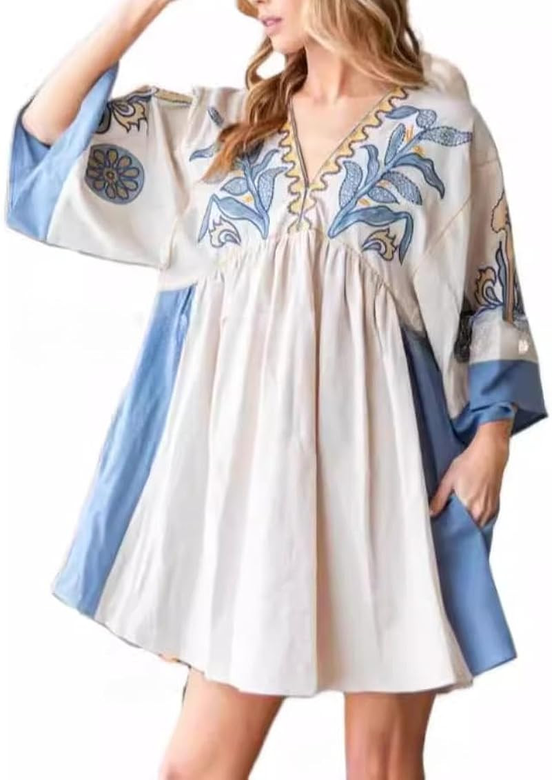 Women's Boho Mini Dress Vintage Embroidery V-Neck and 3/4 Sleeves Loose Fit Causal Babydoll Dress... | Amazon (US)
